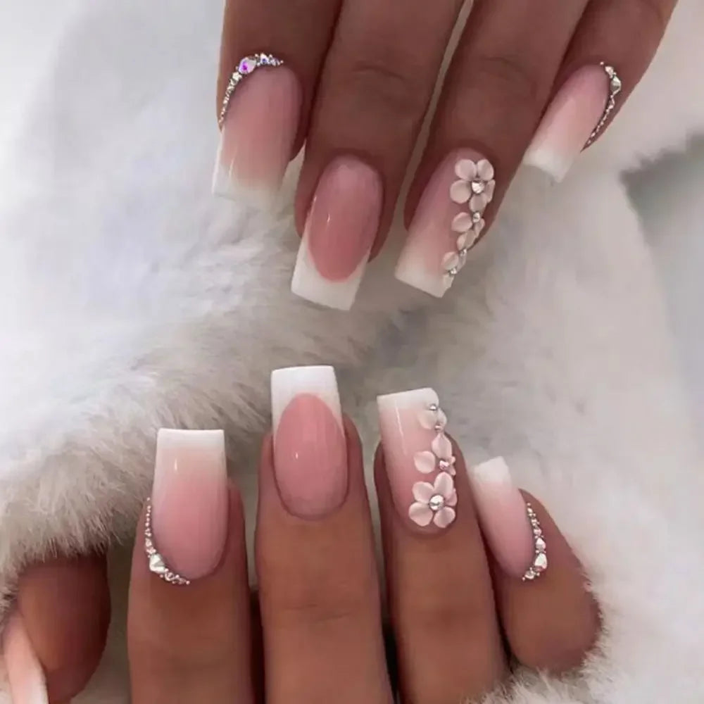24PCS Shiny Pearl Wearable False Nails Short Square Fake Nail Simple Press on Nails Detachable Full Cover Nail Tips With Glue