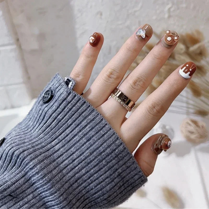 10Pcs Brown Handmade Press on Nails Short Square Chocolate Bear Design Nail Tips Cute Acrylic False Nail for Women/Girls Autumn