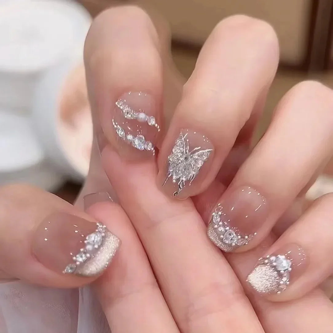 10PCS Pink Cat Eye Handmade Press On Nails Square Head Fake Nails Diamond Designs Full Cover Nail Art Tips Wearable False Nails