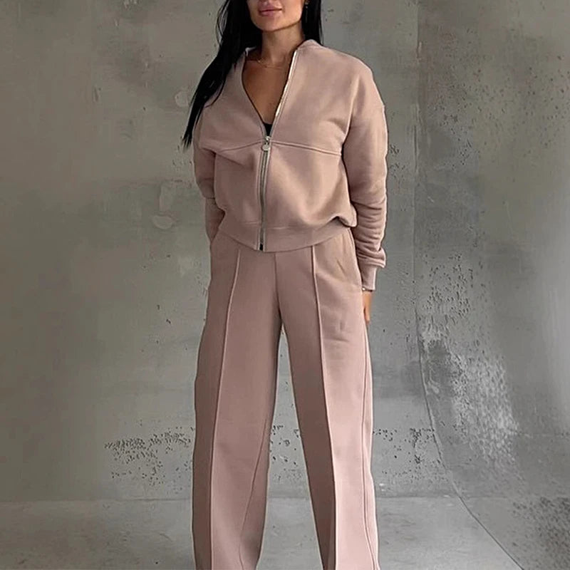 Women's Autumn Solid Color Sportwear Tracksuit Casual Zipper Sweatshirt Coat and Straight Pant Sets Winter Long Sleeve 2pcs Suit