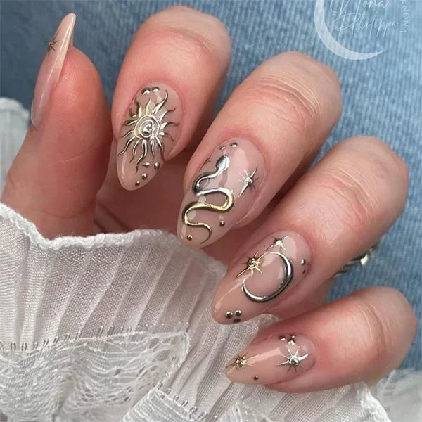 24Pcs French Gold Edge Wearable Almond Press on Fake Nails Simple Pearl Decoration False Nails with Glue Full Over Manicure Tips