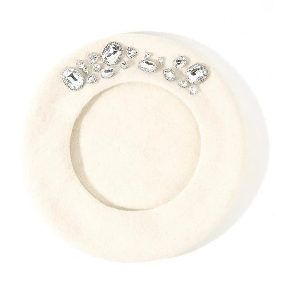 Dropshipping!! French Beret Thick Rhinestone Decor Brimless Thermal Decor Wool Artist French Style Painter Hat Women Headwear