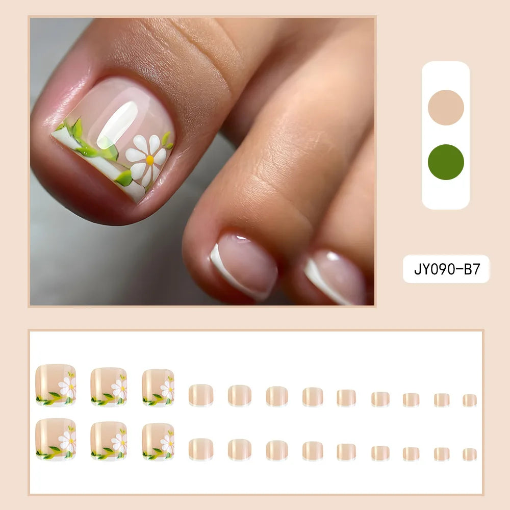 24 Pcs French Design Fake Toe Nail Press on Toe Nail Summer False Nails Acrylic Reusable Toe Nail Decorated Nails With Tool Kit