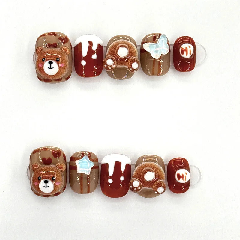 10Pcs Brown Handmade Press on Nails Short Square Chocolate Bear Design Nail Tips Cute Acrylic False Nail for Women/Girls Autumn