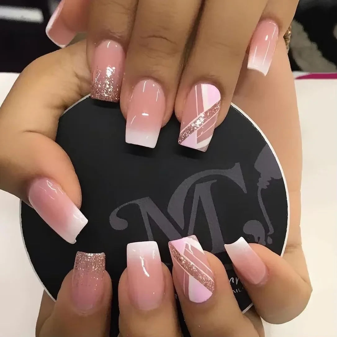 24PCS Shiny Pearl Wearable False Nails Short Square Fake Nail Simple Press on Nails Detachable Full Cover Nail Tips With Glue