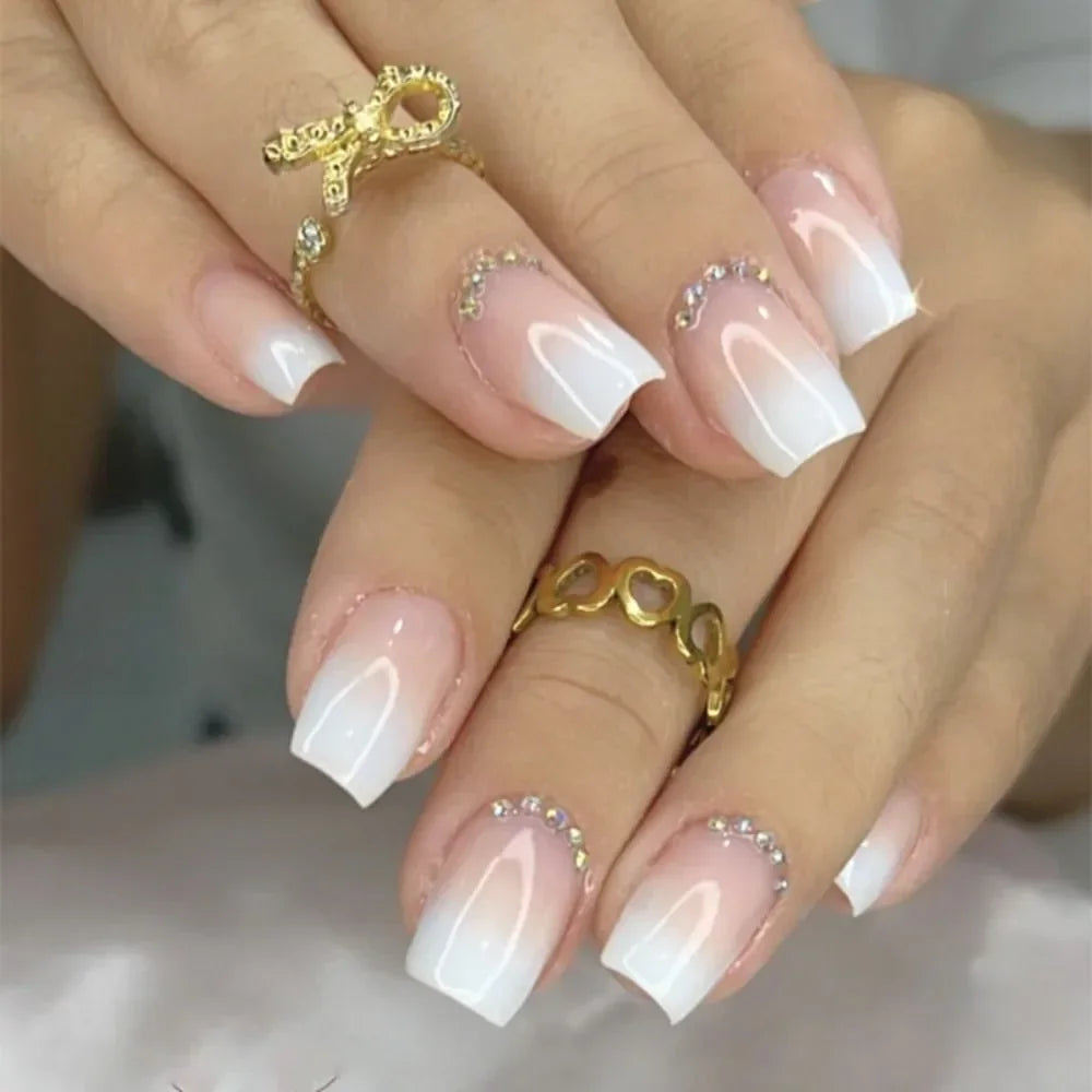 24PCS Shiny Pearl Wearable False Nails Short Square Fake Nail Simple Press on Nails Detachable Full Cover Nail Tips With Glue