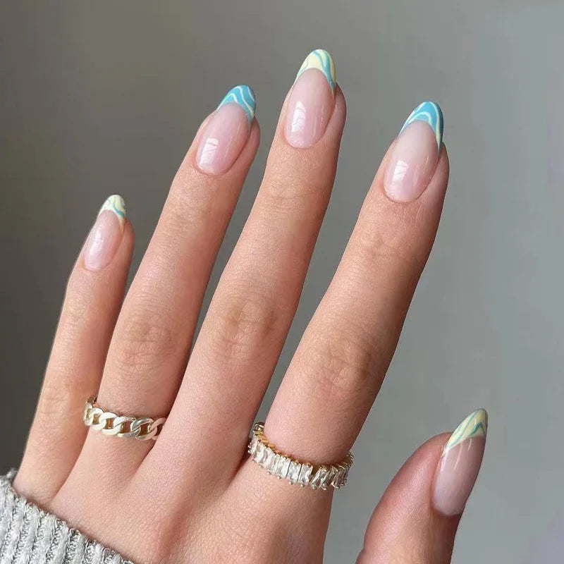 24Pcs Removable Wearable False Nails Art Short Glitter French Gold Edge Fake Nails Waterproof Press on Nail Tips Nails Supplies