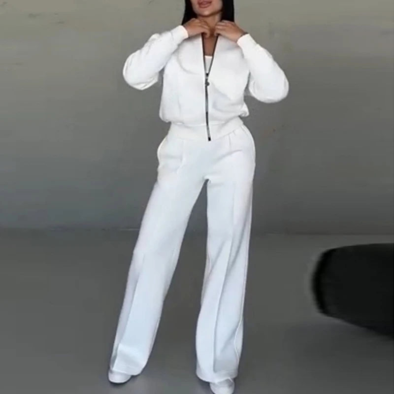 Women's Autumn Solid Color Sportwear Tracksuit Casual Zipper Sweatshirt Coat and Straight Pant Sets Winter Long Sleeve 2pcs Suit