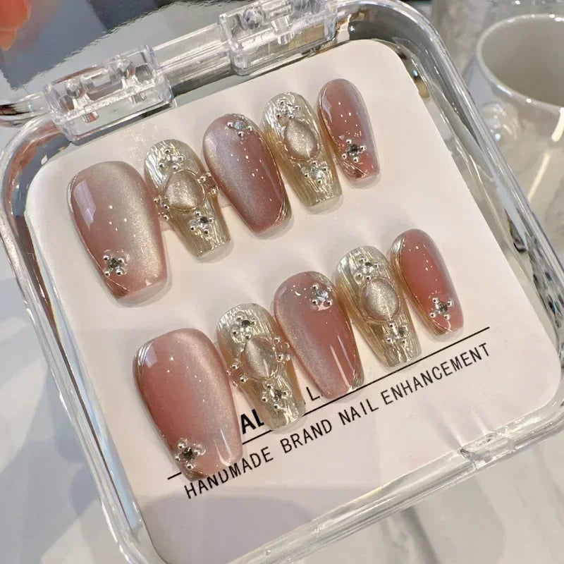 10PCS Pink Cat Eye Handmade Press On Nails Square Head Fake Nails Diamond Designs Full Cover Nail Art Tips Wearable False Nails