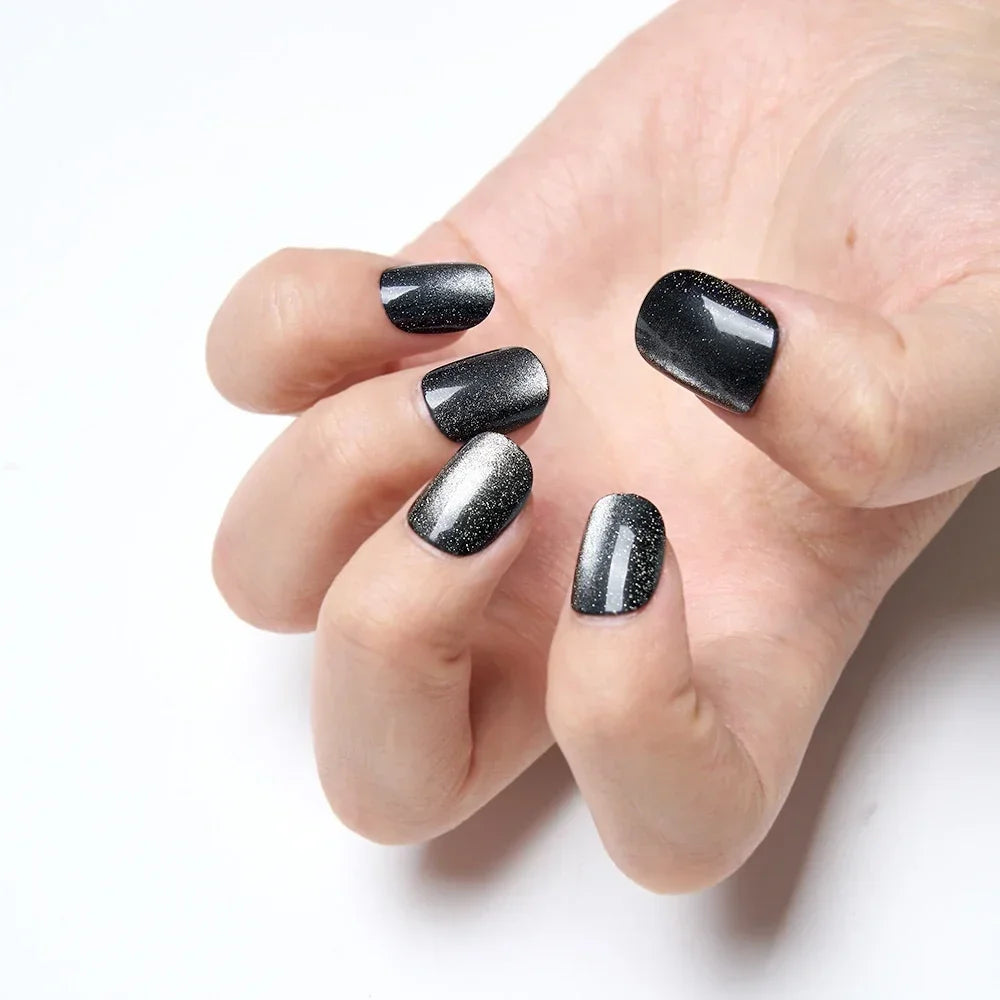 10Pcs Black Glitter Cat Eye Press-On Nails Set Reusable Square Acrylic Fake Nails with Glue for Women&Girls Daily Wear Nail Tips