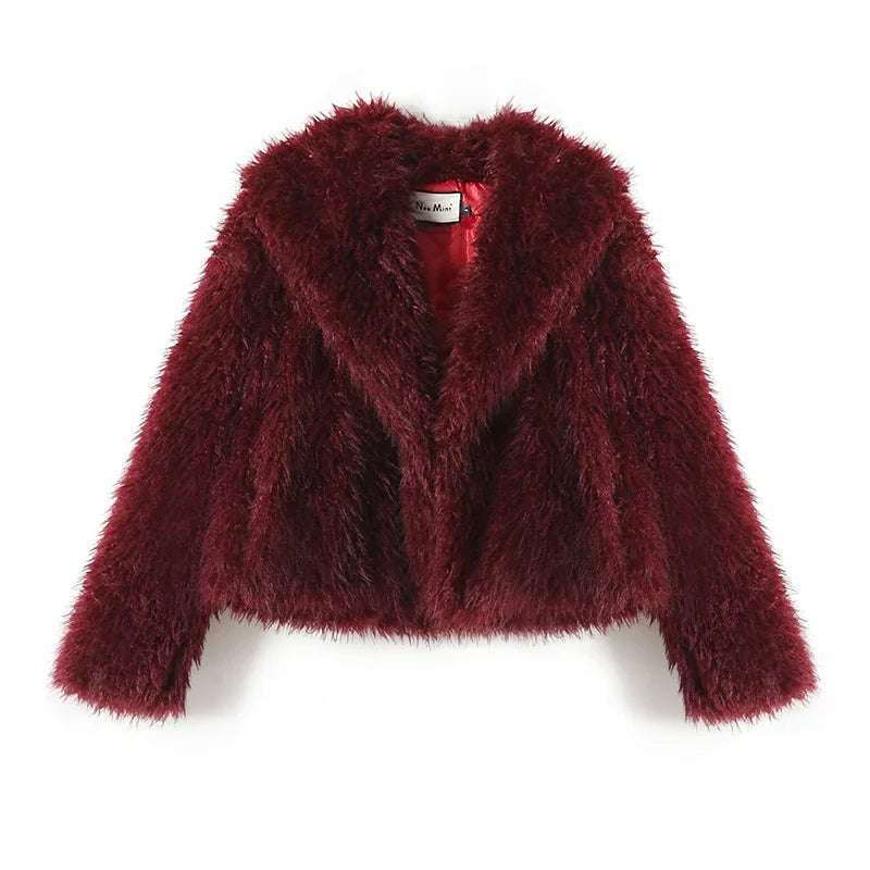 Neo Mint 2024 Winter Hot Trendy Iconic Blogger Fashion Burgundy Faux Fur Coat Women Overcoat Girls Shawl Collar Lamb Fur Jacket