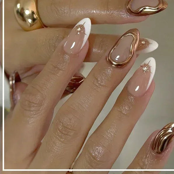 24Pcs French Gold Edge Wearable Almond Press on Fake Nails Simple Pearl Decoration False Nails with Glue Full Over Manicure Tips