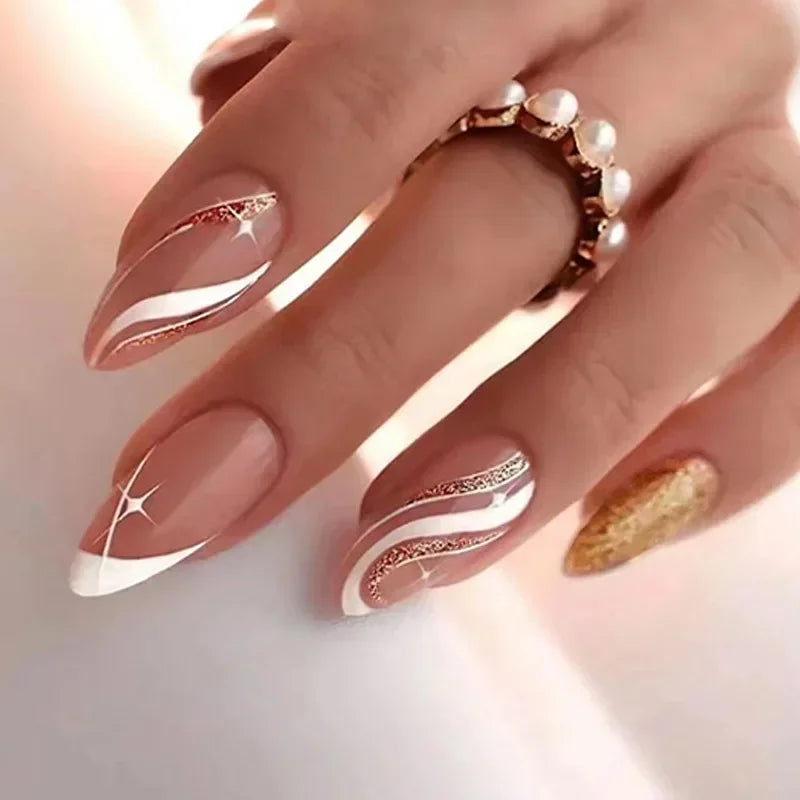 24Pcs French Gold Edge Wearable Almond Press on Fake Nails Simple Pearl Decoration False Nails with Glue Full Over Manicure Tips