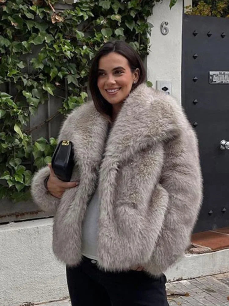 Women's Brown Long Sleeved Buttons Faux Fur Coat Winter Thick Warm Fury Turn-down Jacket Female High Street Outerwear 2024