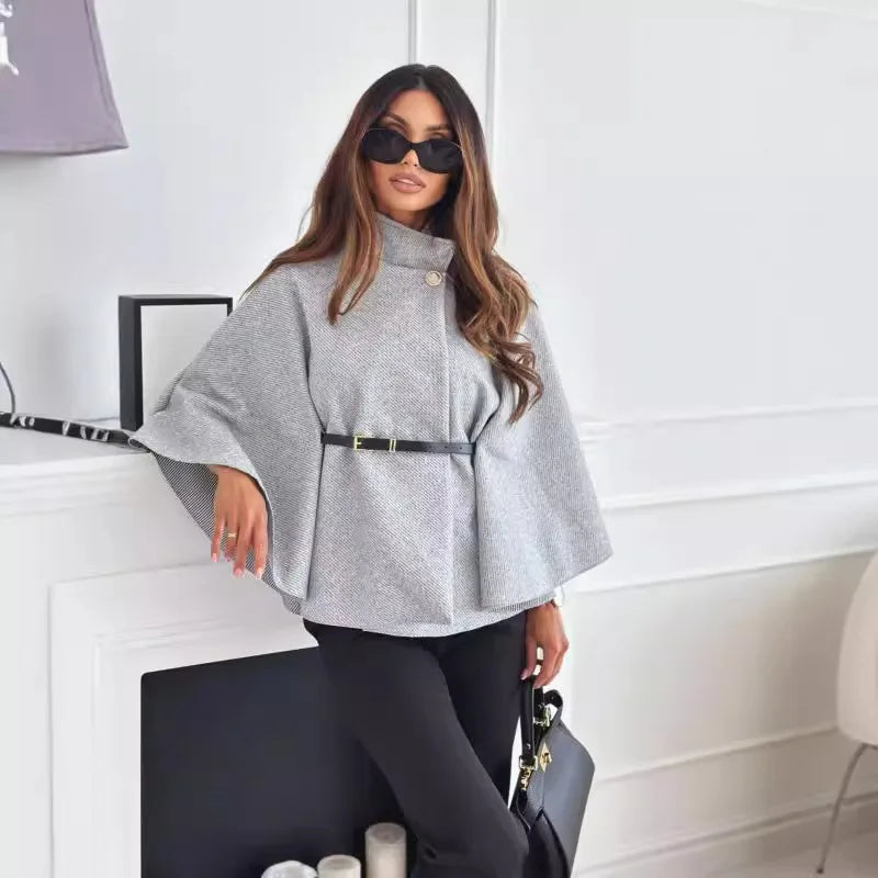 Autumn Winter Women Single Buckle Batwing Sleeve Coat Elegant Lady Cloak Cape Woollen Tweed Poncho Thick Warm Loose Outwear