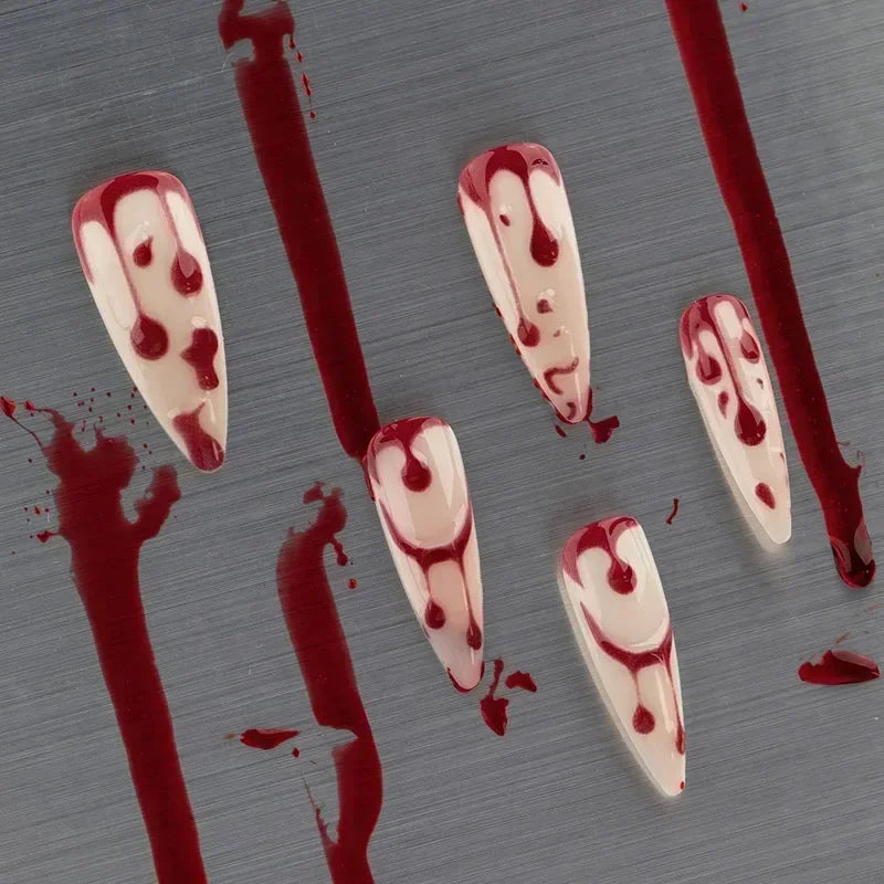 24pcs Halloween Red Blood Droplet Fake Nails Press On Nails Coffin Long False Nails For Women Girls Halloween Party Nail Decor