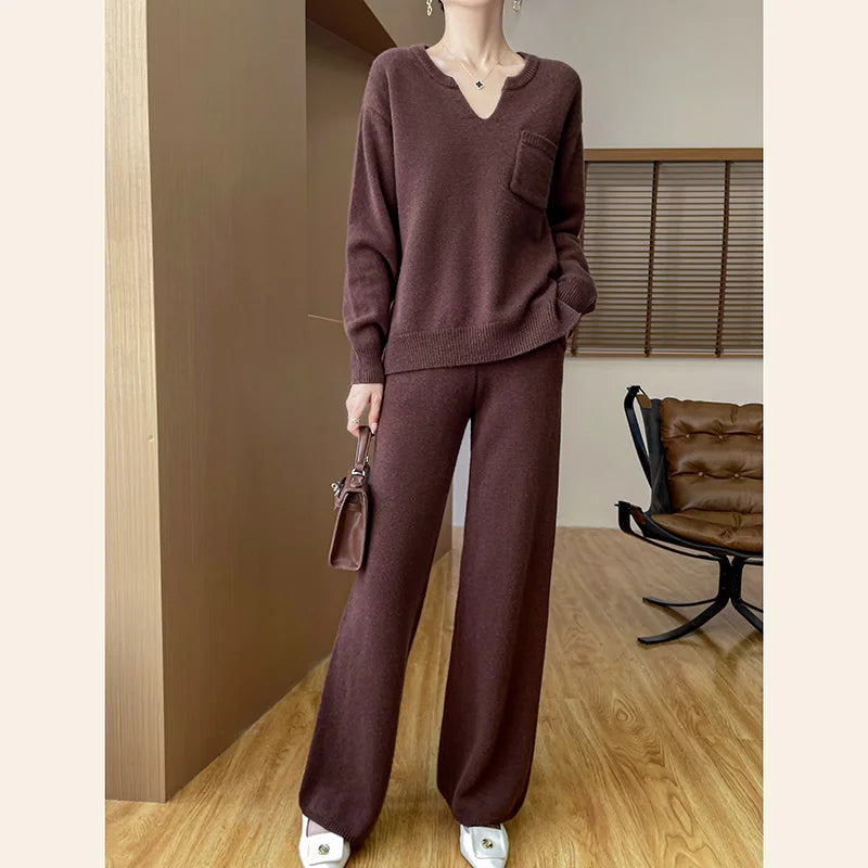 Women Wool V-neck Sweater Pullovers Casual Straight Pants Spring Autumn Winter Knitwear 100% Merino Wool Two-piece Suit Clothing