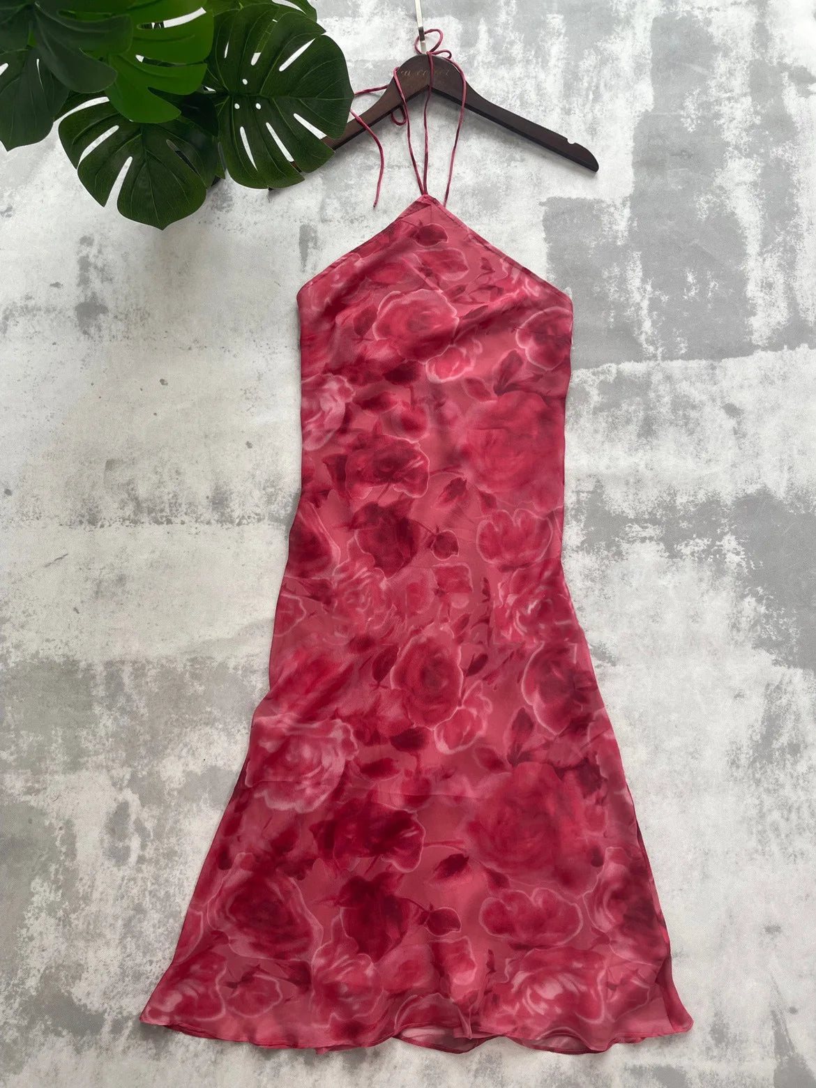 Women 100% Silk Vintage Style Rose Printed Halterneck Backless Suspender Dress