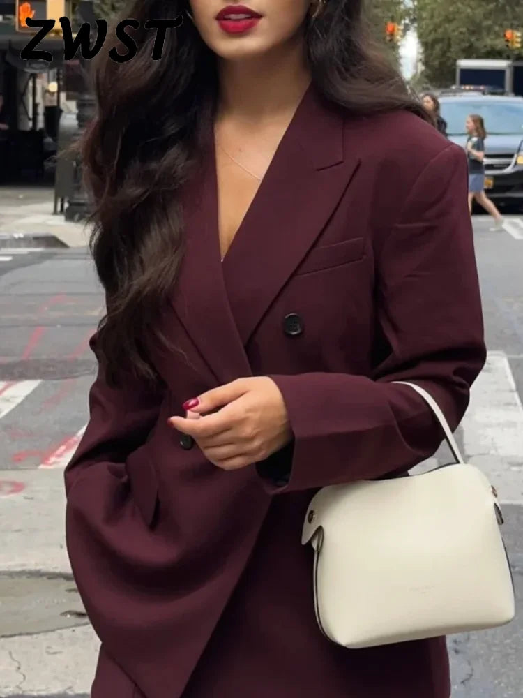 Wine Red Women's Blazer Coat Fashion Long Sleeve Lapel Double Breasted Female Coats 2024 Autumn Winter Slim Lady Outwear