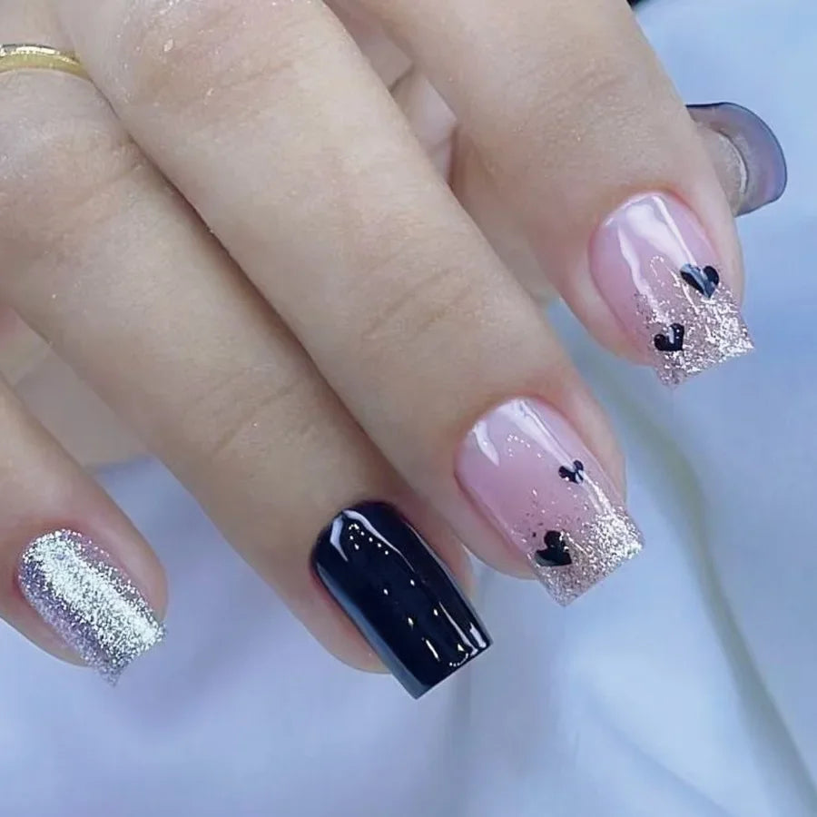 24Pcs Short Square Press on Nails Gradient Glitter False Nails French Tip Lines Acrylic Nails Full Cover Wearable Fake Nail Tips