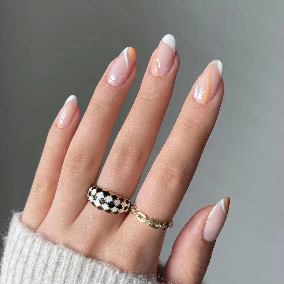 24Pcs Removable Wearable False Nails Art Short Glitter French Gold Edge Fake Nails Waterproof Press on Nail Tips Nails Supplies