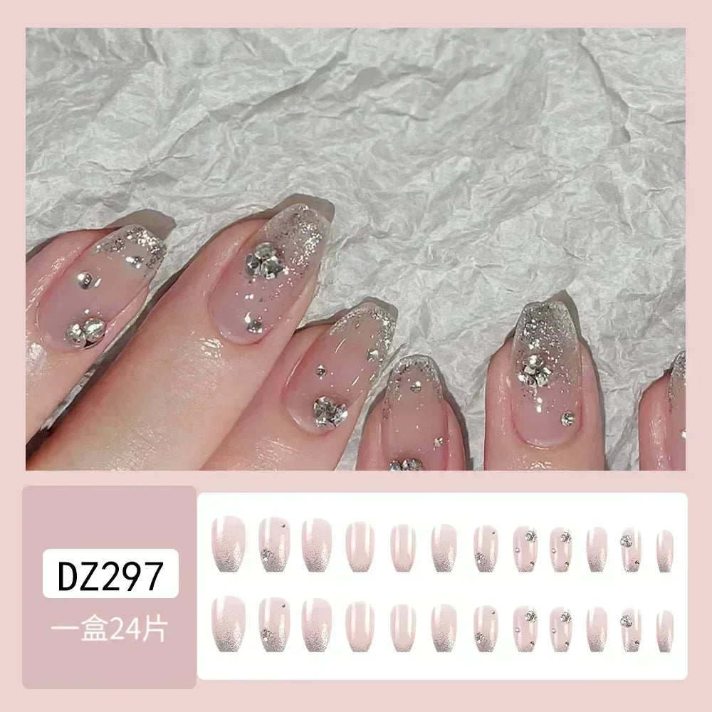 24Pcs Ballerina False Nails with Glue Short Nail Beauty Tools Press on Fake Nails Full Cover Artificial Nails Tips Manicure