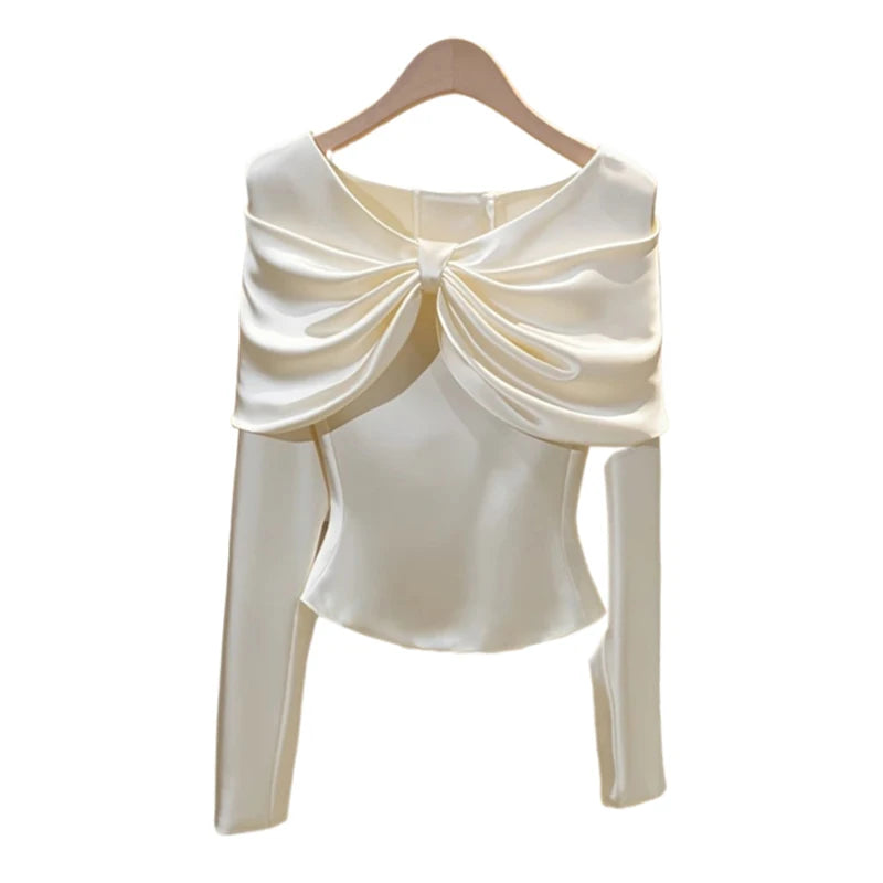 Autumn Spring 2025 Women's Blouse Elegant Ruffled Ruched Slim Waist Top Shirt Long Sleeve Casual 40916