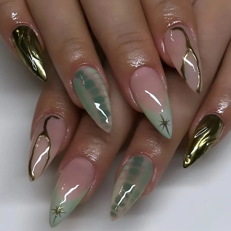 24Pcs Simple French Fake Nails with Almond Head Design Detachable 3D Irregular Star Pattern Press on False Nails Manicure Tools