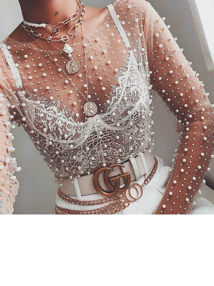 2023 Women Transparent O-Neck Long Sleeve Sexy Lace Mesh Shirt Club Party Tops Ladies Spring Pearl Beading Blouse Blusas