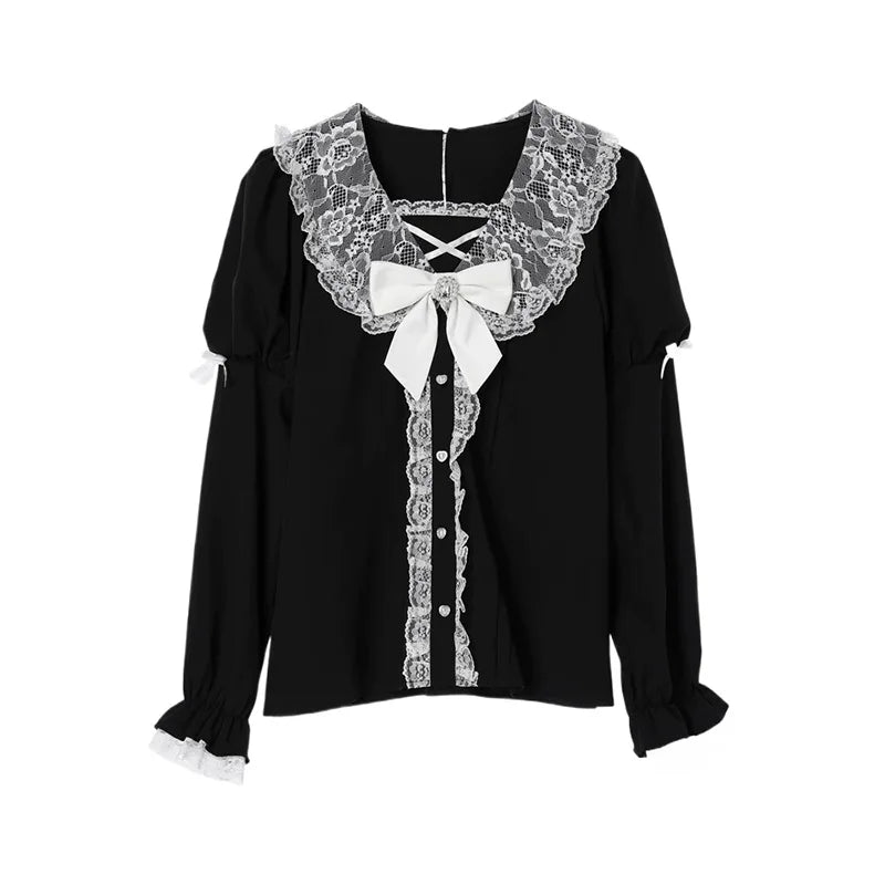Japanese Gothic Lolita Shirt Women Harajuku Jirai Kei Bow Long Lantern Sleeve Blouses Y2k Aesthetic Elegant Sweet Clothes Tops