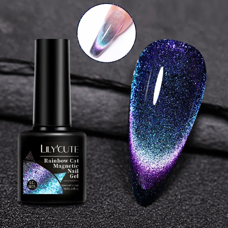 LILYCUTE 9D Rainbow Glitter Cat Magnetic Nail Gel Polish Snowlight Semi Permanent Soak Off Sparkling Nail Varnish