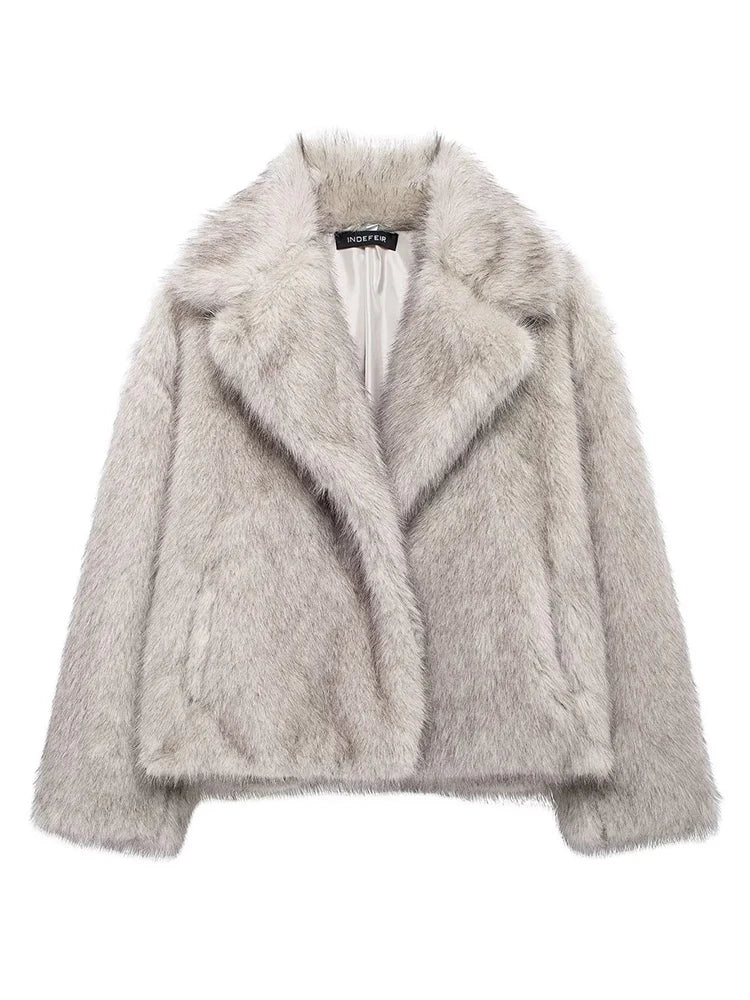 TRAFZA Vintage Faux Fur Women Jackets Solid Turn-down Collar Long Sleeve Warm Coat Chic White Fashion 2024 Winter Autumn Outwear