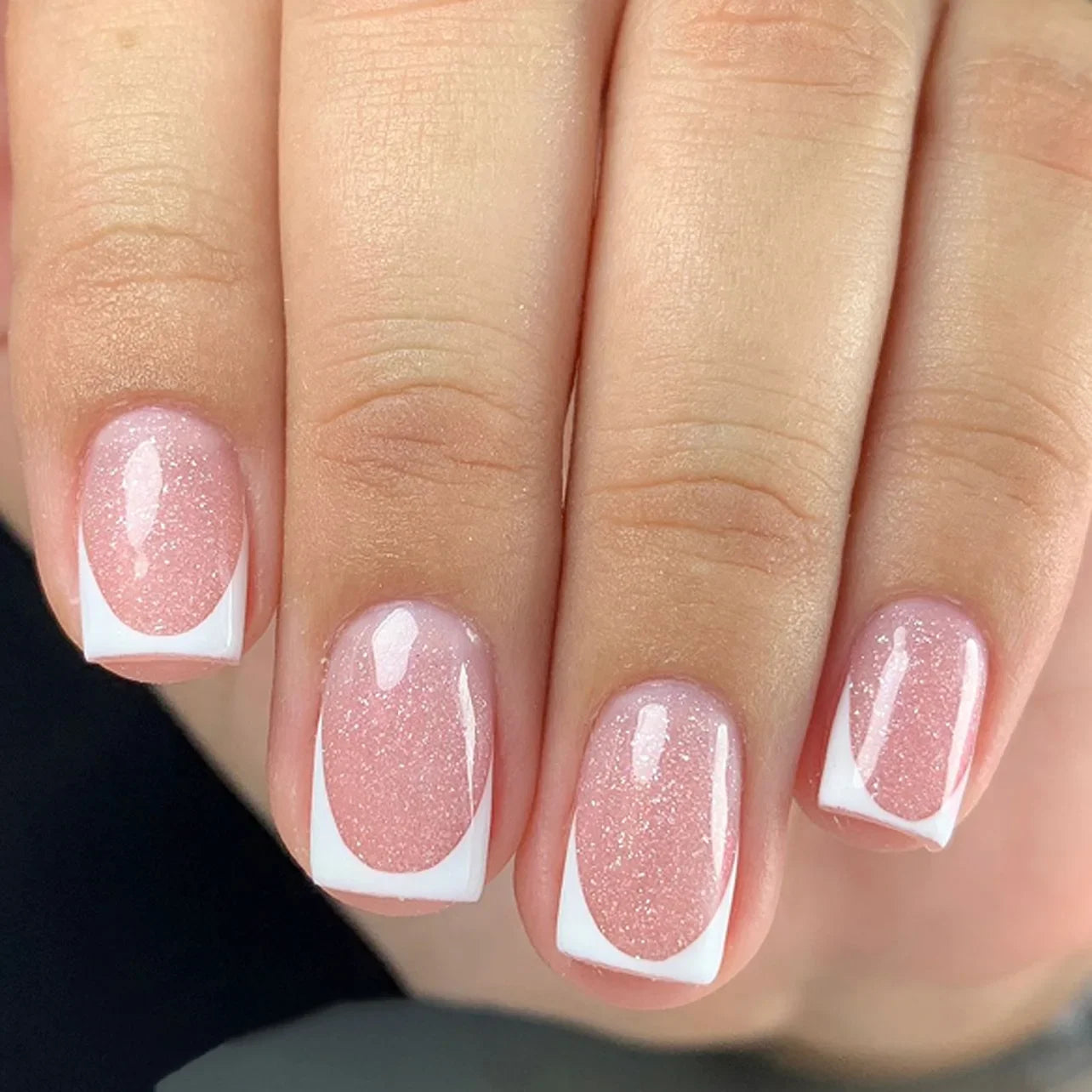 24Pcs Short Square Press on Nails Gradient Glitter False Nails French Tip Lines Acrylic Nails Full Cover Wearable Fake Nail Tips