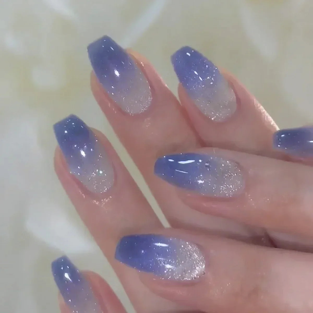 24Pcs Short Square Press on Nails Gradient Glitter False Nails French Tip Lines Acrylic Nails Full Cover Wearable Fake Nail Tips