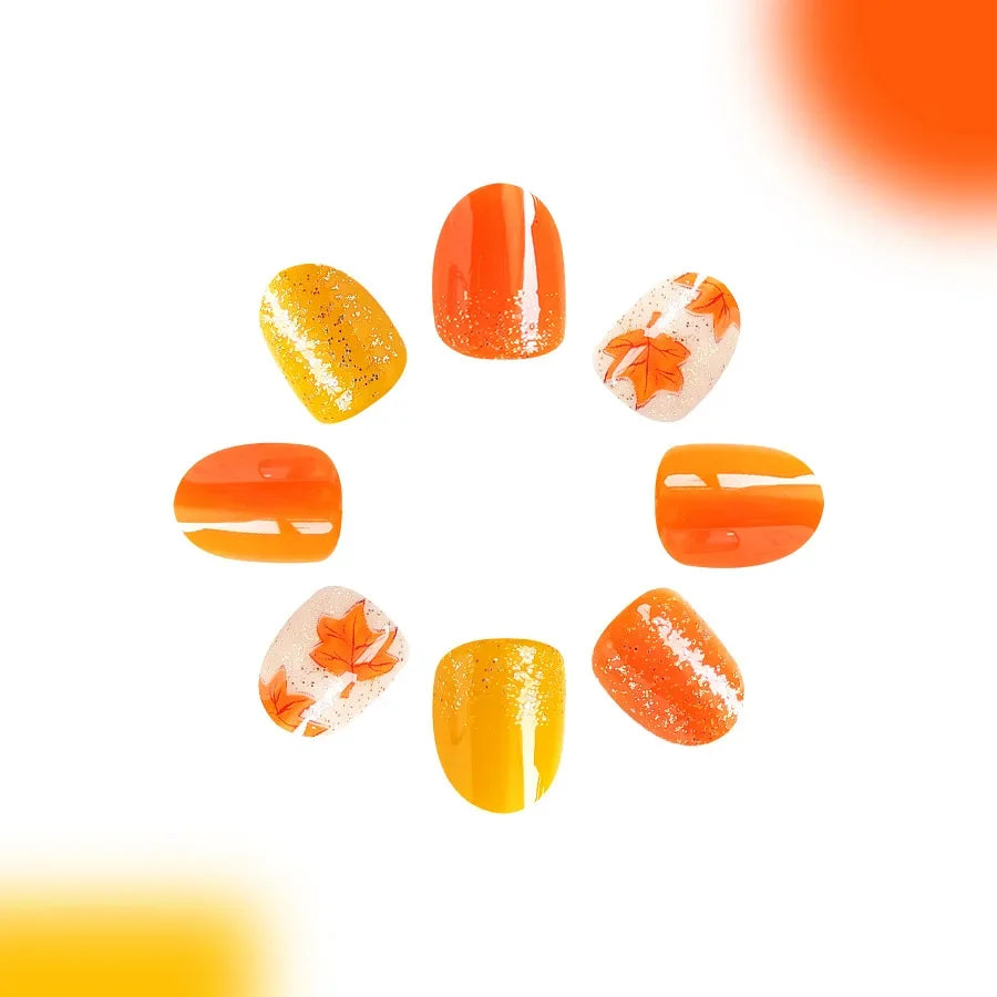 24pcs Autumn&Winter Press-On Nails Set-Glossy Short Oval Golden Brown&Fire Red Maple Leaf Design Full Cover Fake Nails For Women