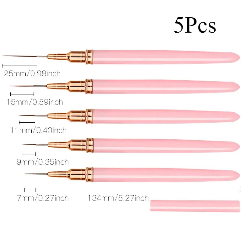 5Pcs/Set Nail Art Liner Brushes Set Elongated Lines Striping Drawing UV Gel Painting Nail Design Pen Professional Manicure Tool