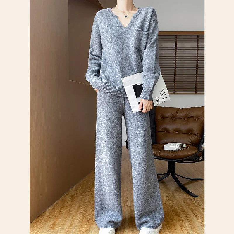Women Wool V-neck Sweater Pullovers Casual Straight Pants Spring Autumn Winter Knitwear 100% Merino Wool Two-piece Suit Clothing