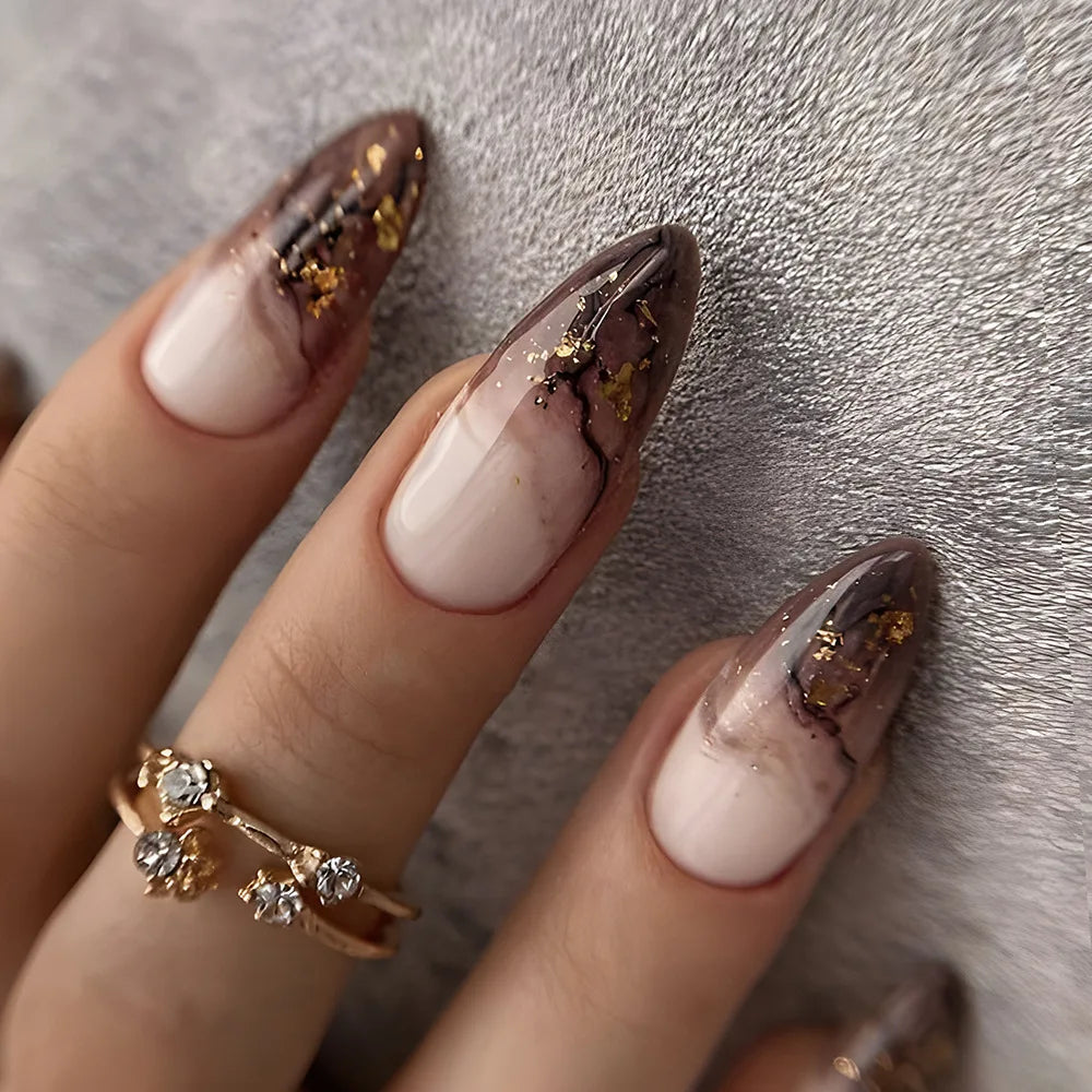 24Pcs Simple French Fake Nails with Almond Head Design Detachable 3D Irregular Star Pattern Press on False Nails Manicure Tools