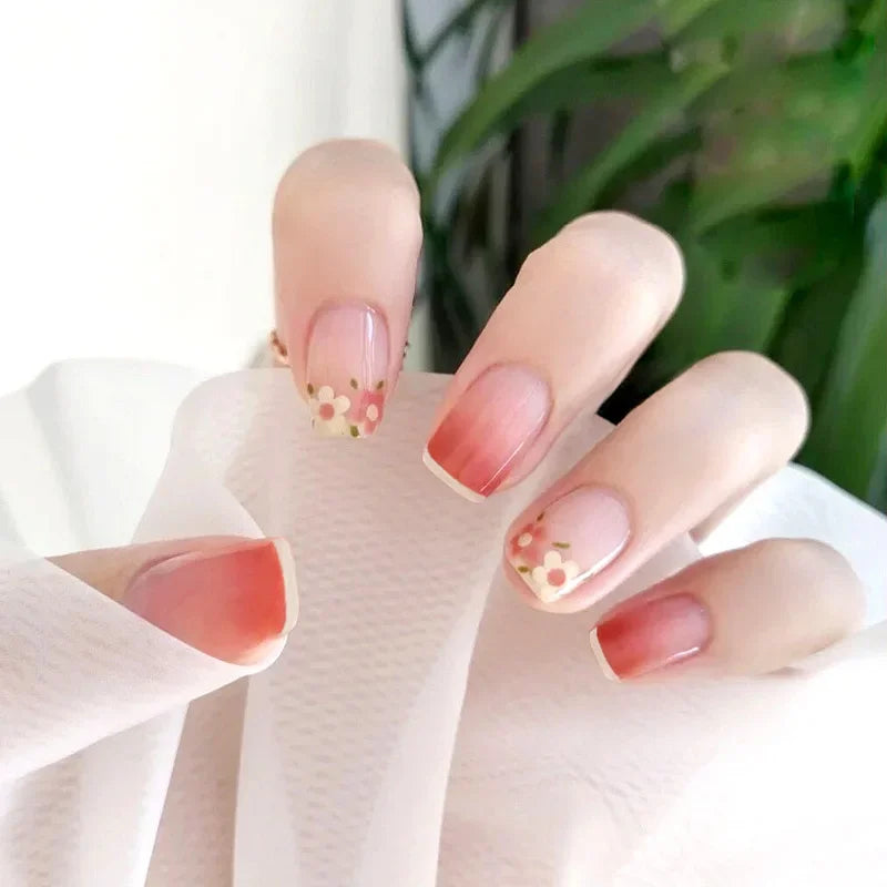 24PCS Shiny Pearl Wearable False Nails Short Square Fake Nail Simple Press on Nails Detachable Full Cover Nail Tips With Glue