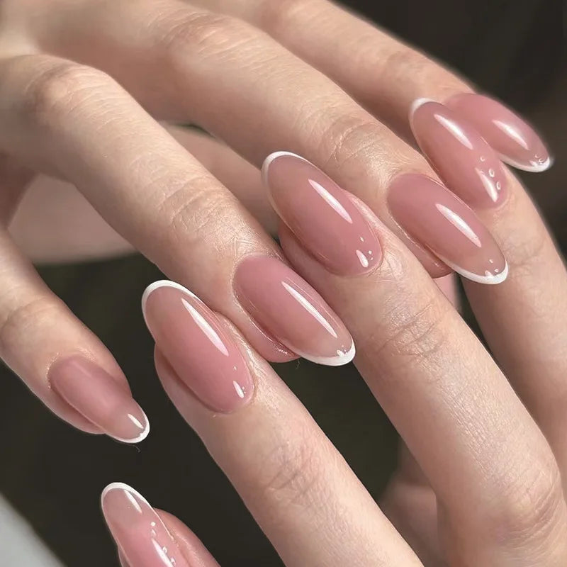 24pcs French Simple Fake Nails Ins White Edge Nude Color False Nail Tips Almond Stick on Nail Patch for Girl Lady Manicure Tools