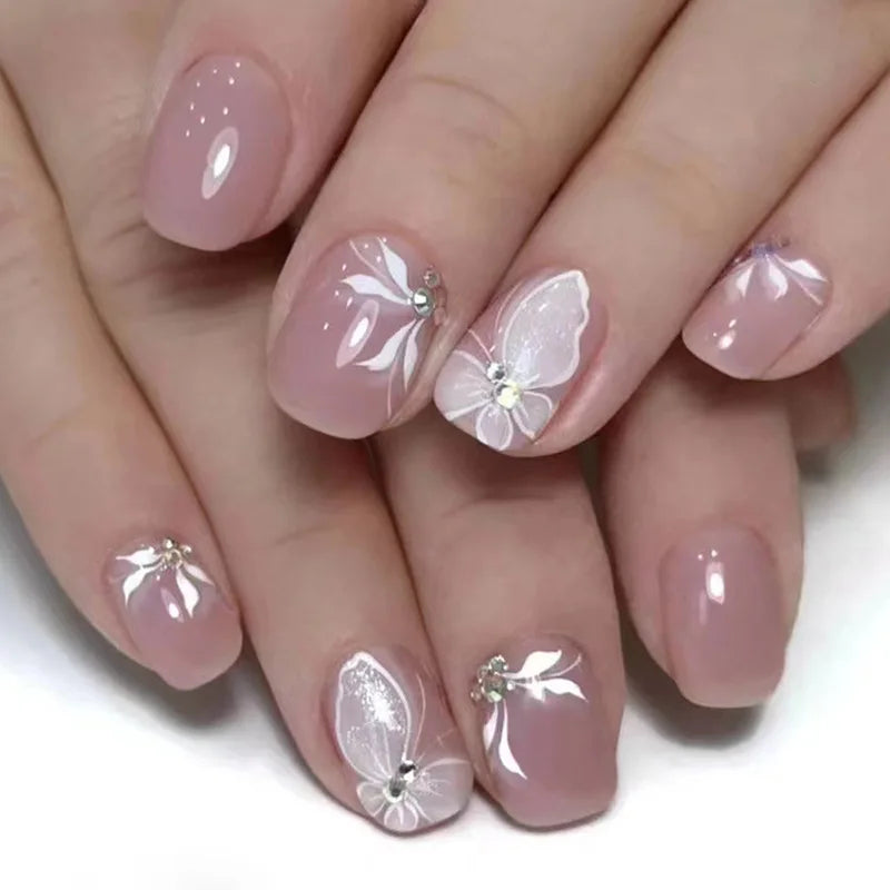 24Pcs White Ice Camellia Short False Nails Art Light Pink Sweet Girls Acrylic Press on Nails Full Cover Removable Fake Nail Set