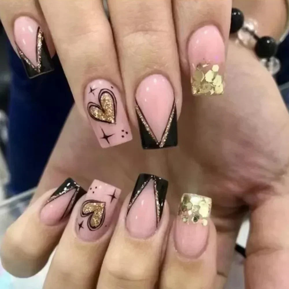 24Pcs Short Square Press on Nails Gradient Glitter False Nails French Tip Lines Acrylic Nails Full Cover Wearable Fake Nail Tips