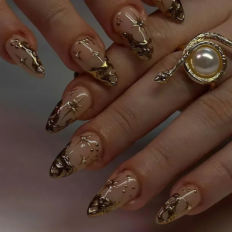 24Pcs French Gold Edge Wearable Almond Press on Fake Nails Simple Pearl Decoration False Nails with Glue Full Over Manicure Tips