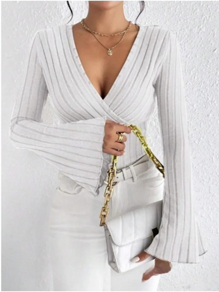 Sexy V-neck Flared Long Sleeved Solid Color Low Cut Women's T-shirt High Street Fashion Slim Fit Elegant Women's Top