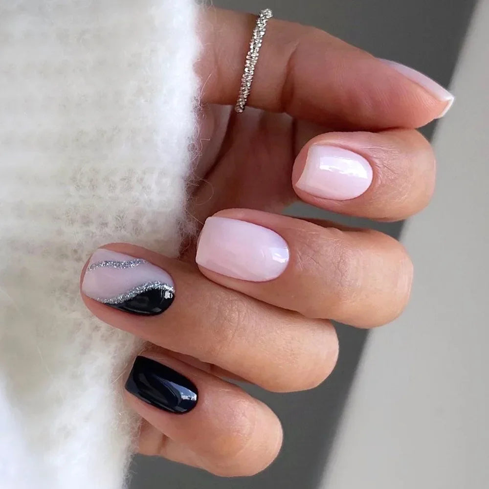 24PCS Shiny Pearl Wearable False Nails Short Square Fake Nail Simple Press on Nails Detachable Full Cover Nail Tips With Glue