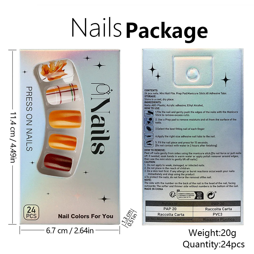 24pcs Autumn Maple Leaves Press on Nails Thanksgiving Day Gifts Fake Nail Patch Wearable Short Square Shiny False Nail Tips