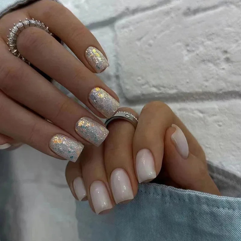 24Pcs Short Square Press on Nails Gradient Glitter False Nails French Tip Lines Acrylic Nails Full Cover Wearable Fake Nail Tips