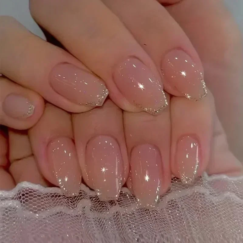 24Pcs Short Square Press on Nails Gradient Glitter False Nails French Tip Lines Acrylic Nails Full Cover Wearable Fake Nail Tips