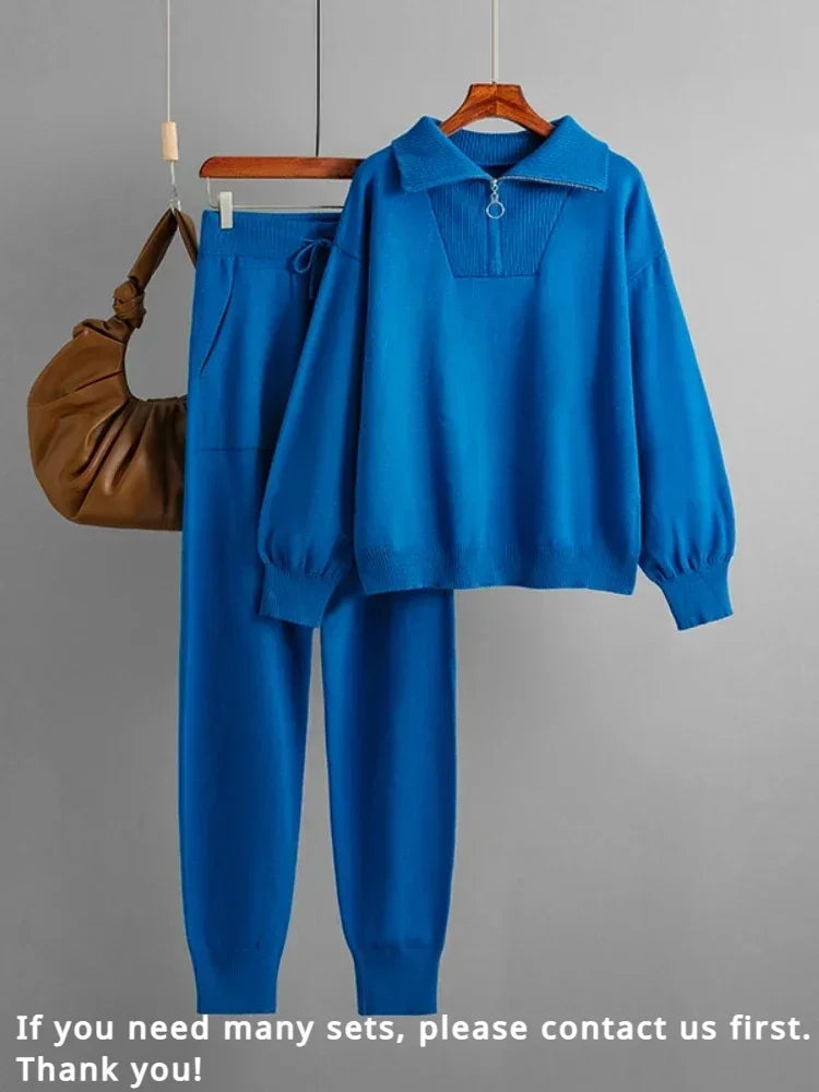 Winter Women's Knitted Suit Warm Pant 2 Piece Sets Women Outfit Trouser Oversized Casual Sweaters Jogging Knitwear Tracksuit