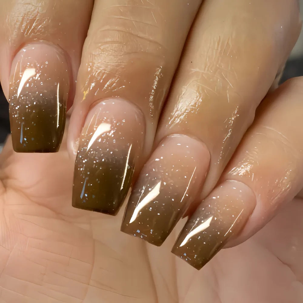 24Pcs Short Square Press on Nails Gradient Glitter False Nails French Tip Lines Acrylic Nails Full Cover Wearable Fake Nail Tips